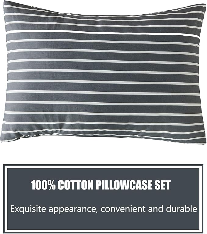 JELLYMONI 100% Natural Cotton 3pcs Striped Duvet Cover Sets, Dark Grey - Image 8