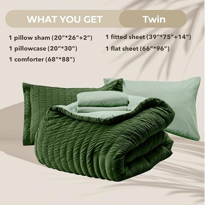 HYMOKEGE Dark Green/Sage Green Twin Comforter Set Seersucker 5 Pieces, All - Image 5