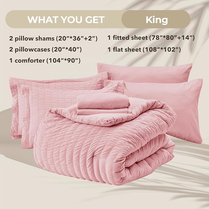 HYMOKEGE Pink King Size Comforter Set Seersucker 7 Pieces, All Season Luxury - Image 5