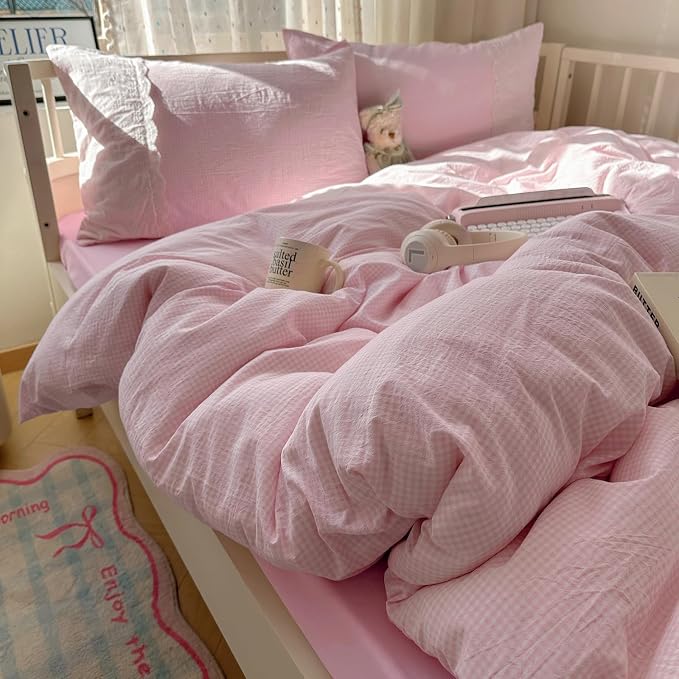 mixinni Pink White Gingham Duvet Cover Twin XL Size - Image 8