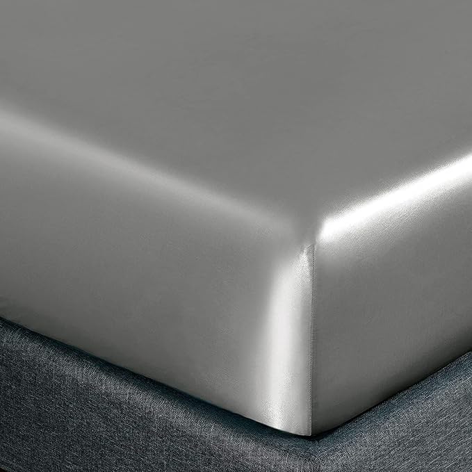 Homiest Light Grey Satin Fitted Sheet Twin XL Size, Deep Pocket, Luxury & Ultra - Image 3