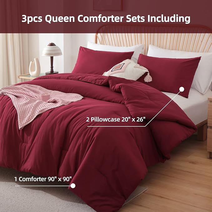 ROSGONIA Queen Comforter Set Dark Red - Image 3