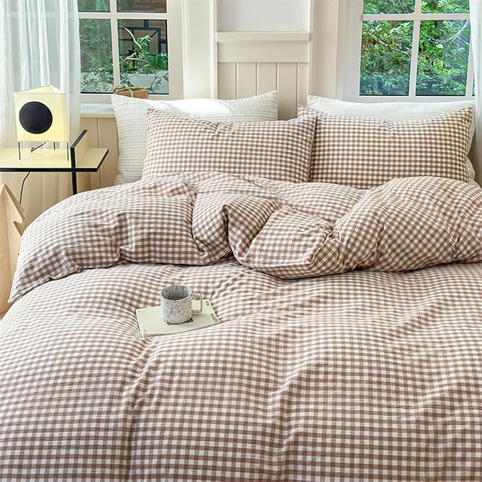 Nayoroom Brown Gingham Duvet Cover King Size Tan White Plaid Checkered Duvet - Image 3
