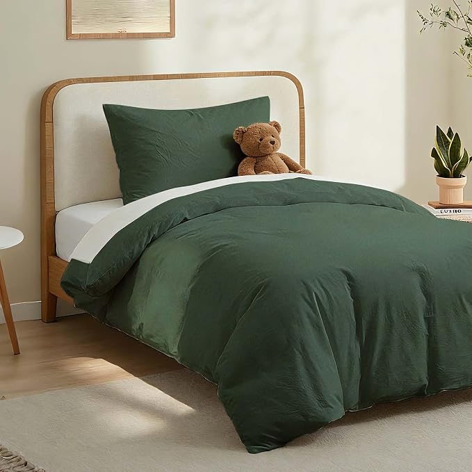 LOVQUE Green Duvet Cover Twin Size, 100% Washed Cotton Linen Like Bedding Set - Image 2