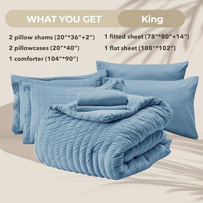 HYMOKEGE Mineral Blue King Size Comforter Set Seersucker 7 Pieces, All Season - Image 5