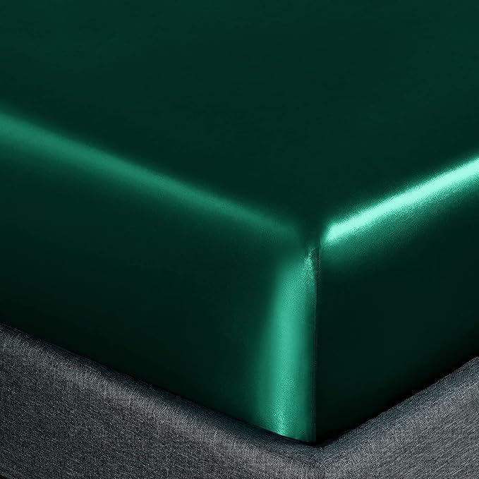 Homiest Blackish Green Satin Fitted Sheet Queen Size, Deep Pocket, Luxury & - Image 3