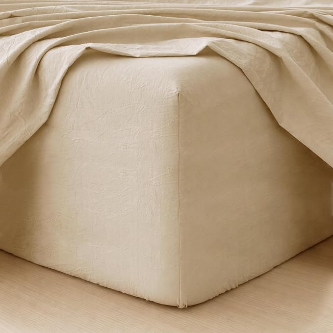 MooMee Fitted Bottom Sheet Only 100% Washed Cotton Linen Like Textured by MOOMEE