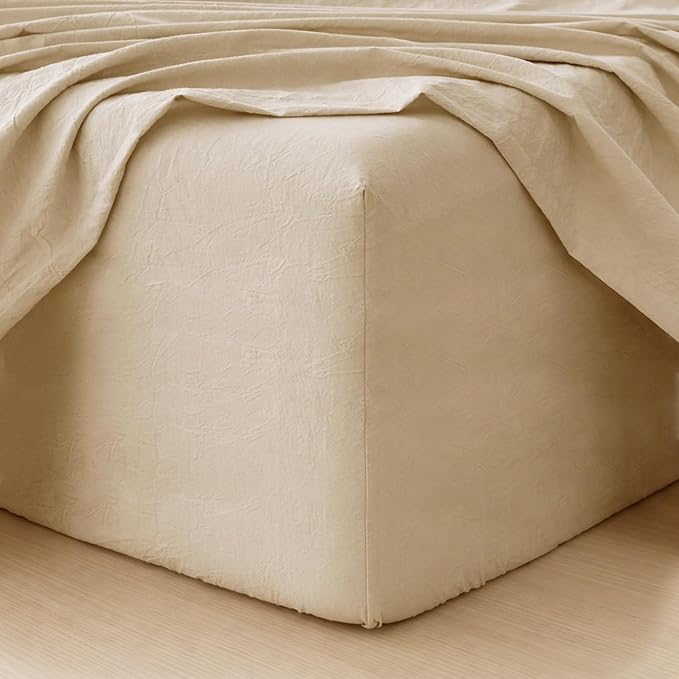 MooMee Fitted Bottom Sheet Only 100% Washed Cotton Linen Like Textured by MOOMEE