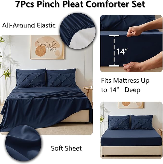 HIMEET Pintuck Bed in a Bag, 7 Pieces Queen Size Comforter Set Navy Blue - Image 6