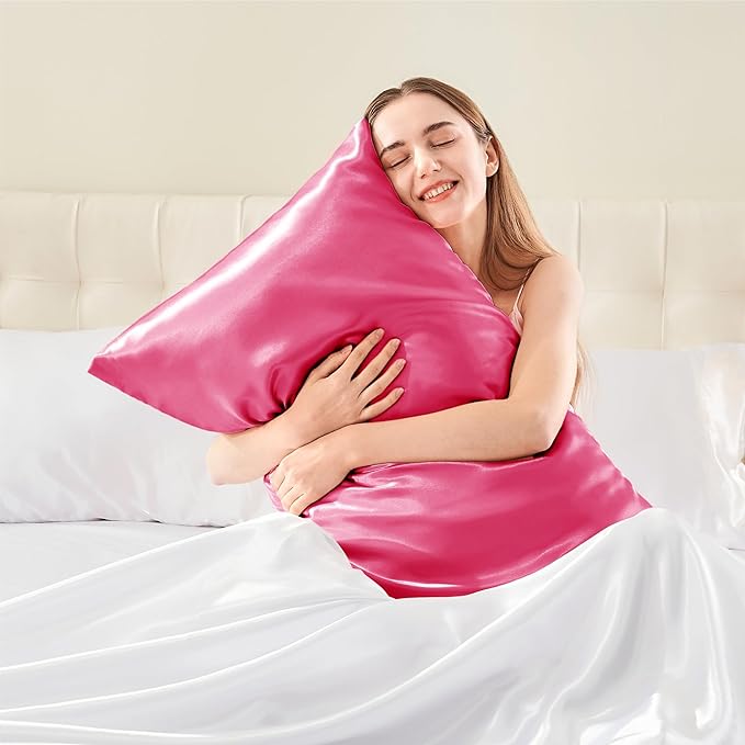 BEDELITE Satin Pillowcase with Zipper, Hot Pink King Size Pillow Cases Set of 2 - Image 2