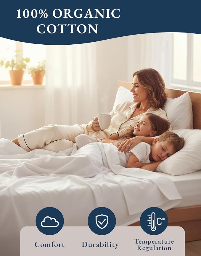 LANE LINEN 100% Organic Cotton White Twin XL Sheets Set 3-Piece Pure Percale - Image 6