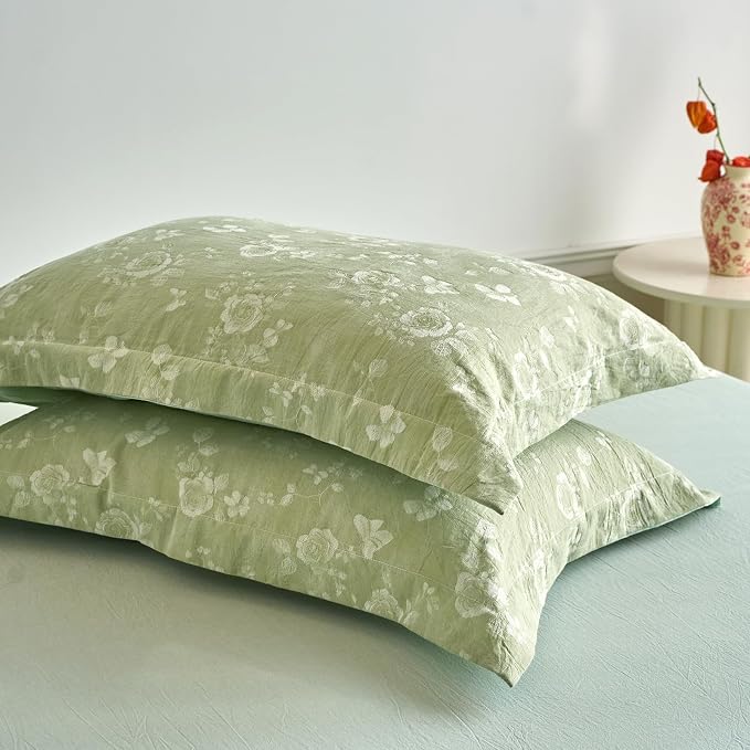 mixinni 100% Washed Cotton Cover Set, Reversible Vintage Green Floral Butterfly - Image 8