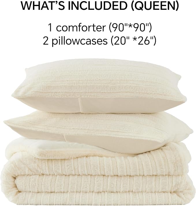 BEDELITE Fleece Queen Comforter Set -Super Soft & Warm Fluffy Cream White Faux - Image 8