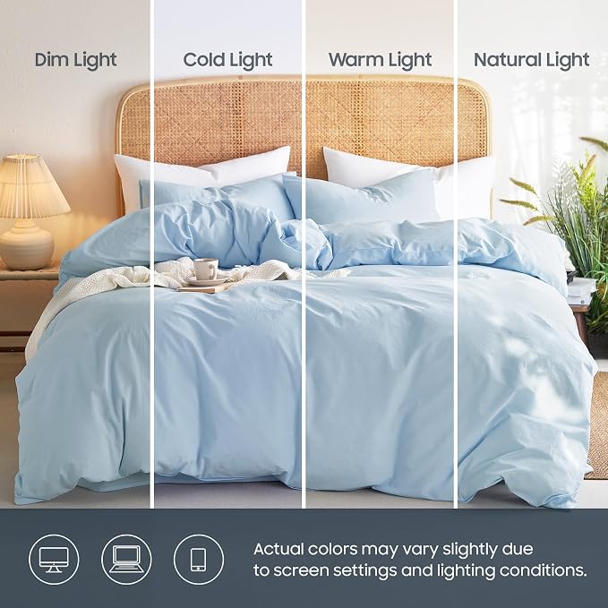 Wake In Cloud - Cotton Duvet Cover Set, Queen Size, Sky Blue, 100% Washed Cotton - Image 3