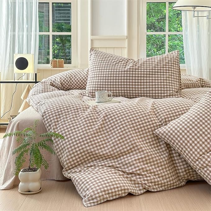Nayoroom Brown Gingham Duvet Cover Full Size Tan White Plaid Checkered Duvet - Image 4