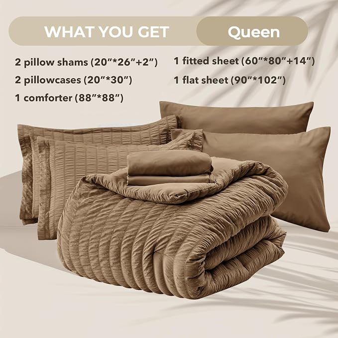 HYMOKEGE Brown Queen Comforter Set Seersucker 7 Pieces, All Season Luxury Bed - Image 5