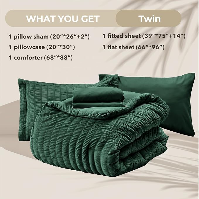 HYMOKEGE Emerald Green Twin Comforter Set Seersucker 5 Pieces, All Season - Image 6