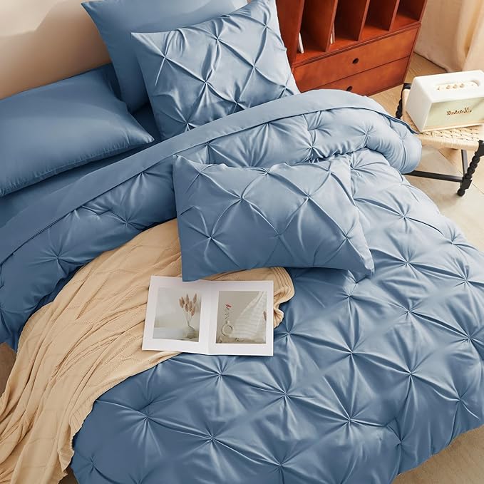 HIMEET Pintuck Bed in a Bag, 7 Pieces King Size Comforter Set Grayish Blue - Image 4