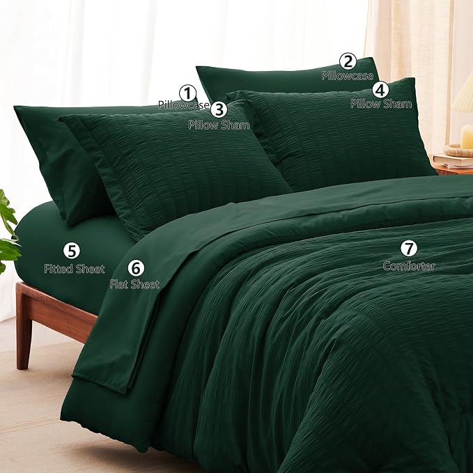 CozyLux Oversized Queen Comforter Set Emerald Green Seersucker 7 Pieces 98x98 - Image 8