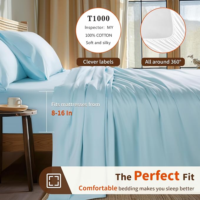 LBRO2M 1000 Thread Count 100% Egyptian Cotton Sheets Set Twin, 3 Piece Sets Bed - Image 3