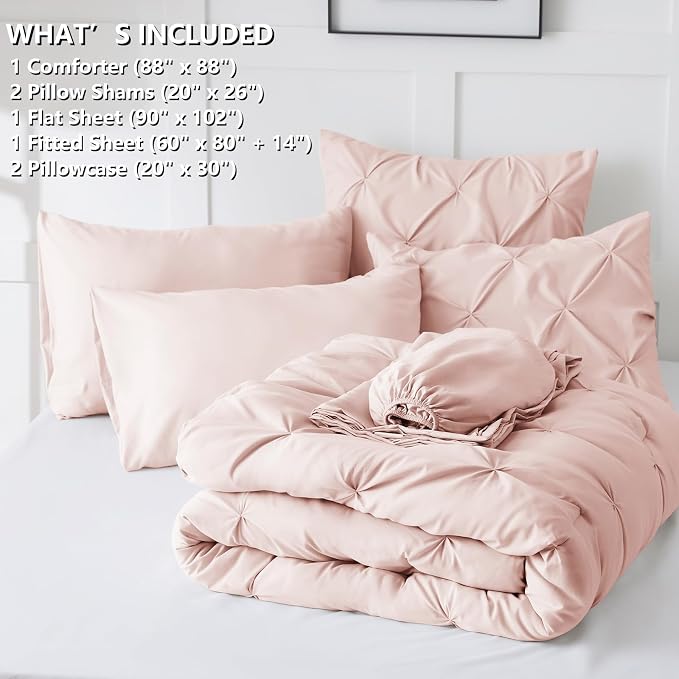 HIMEET Pintuck Bed in a Bag, 7 Pieces Queen Size Comforter Set Blush Pink - Image 8