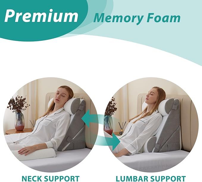 Bedluxe Adjustable 4pcs Bed Wedge Pillow Set, Memory Foam Wedge Pillows Post - Image 4