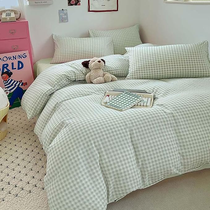 Nayoroom Green Gingham Duvet Cover Queen Size Plaid Dorm Bedding Set 3 Pieces - Image 3