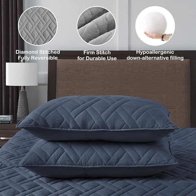 HORIMOTE HOME Quilt Set Twin Size Navy Blue, Classic Geometric Diamond Stitched - Image 4