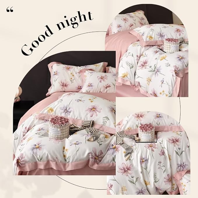 MKXI Garden Floral Duvet Cover Pink Princess Bedding White Aesthetic Duvet - Image 5