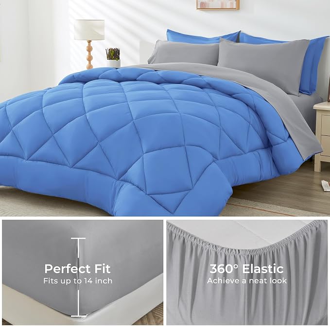 HEVUMYI Royal Blue & Light Grey Queen Comforter Set - Image 4