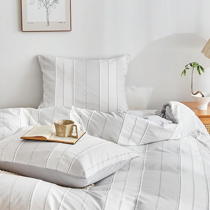 WARMDERN Light Grey Striped Weave Duvet Cover King Size, Microfiber Textured - Image 7