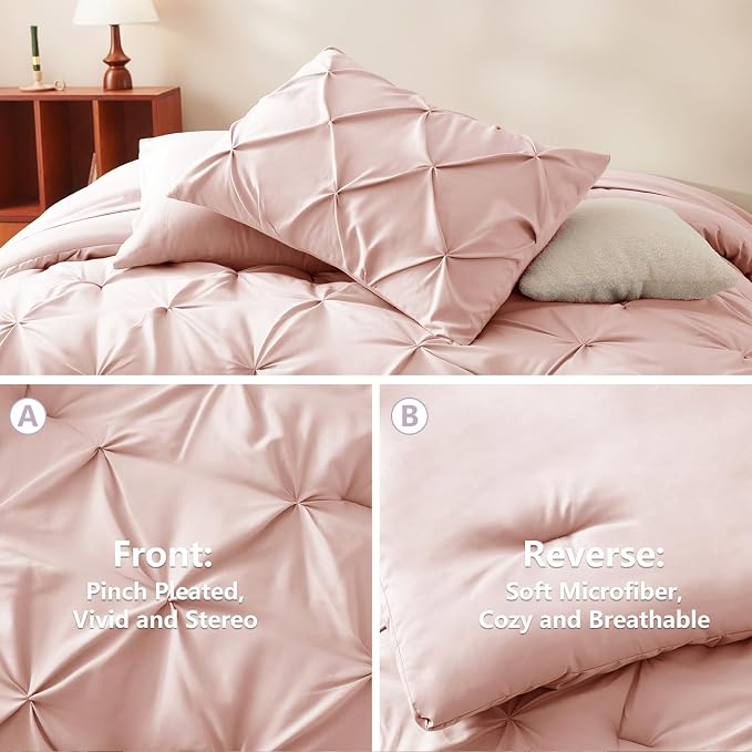 HIMEET Pintuck Bed in a Bag, 7 Pieces Queen Size Comforter Set Blush Pink - Image 3