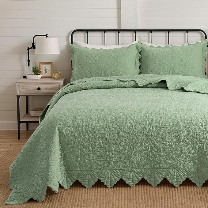 Brandream Luxury King Quilt Set Cotton Sage Green Floral Vine Stitching by Brandream