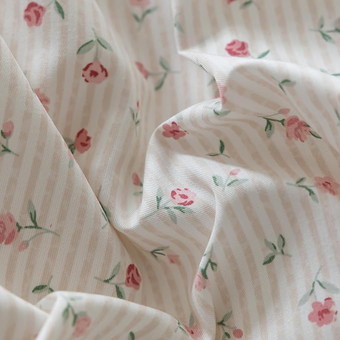 mixinni White Flower Pattern Duvet Cover King Pink Floral Stripes Duvet Cover - Image 5