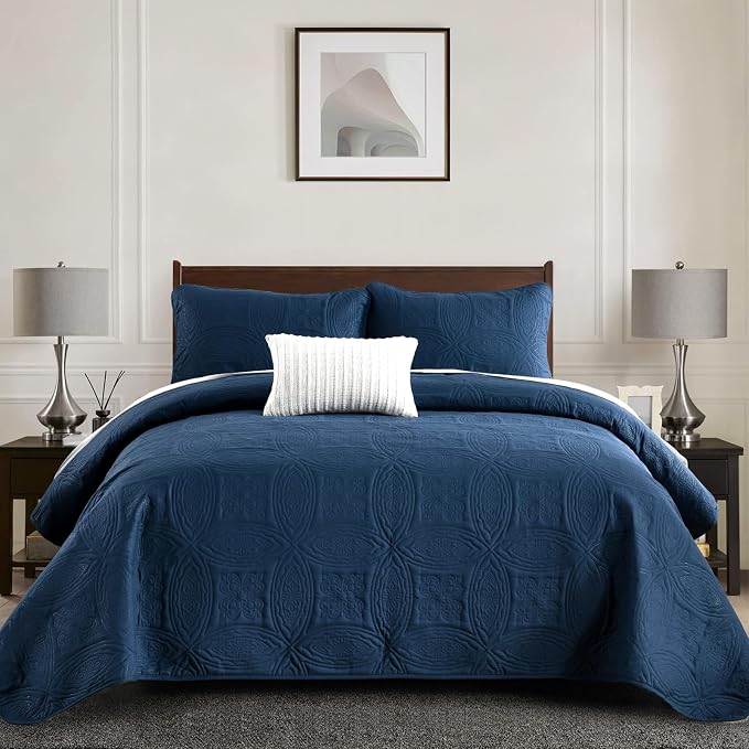 Yiran Navy Blue Quilt Set Queen Size Lightweight Bedspread Embossed Pattern - Image 2
