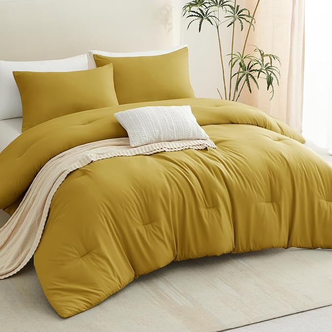 CozyLux Full Size Comforter Set Mustard Yellow, 3 Pieces Solid Breathable - Image 7