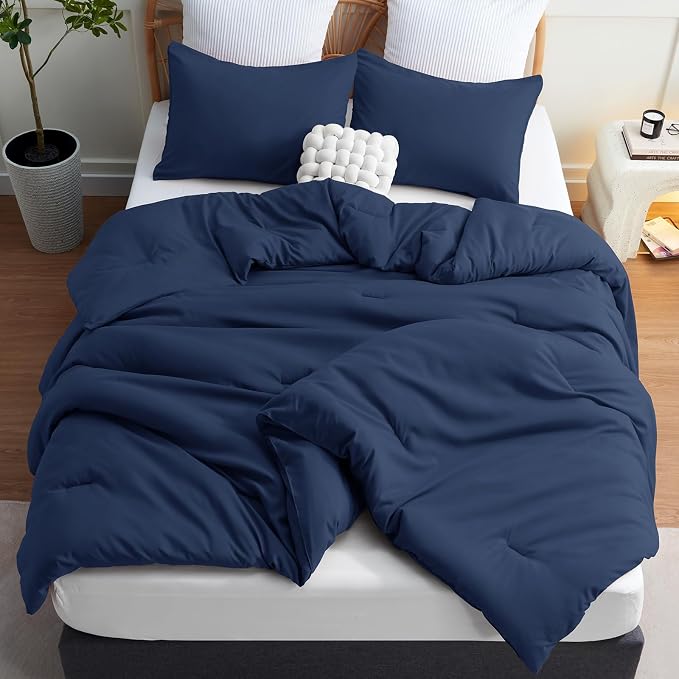 CozyLux Super King Plus Comforter Set Navy Blue, 3 Pieces 128x120 Solid - Image 6