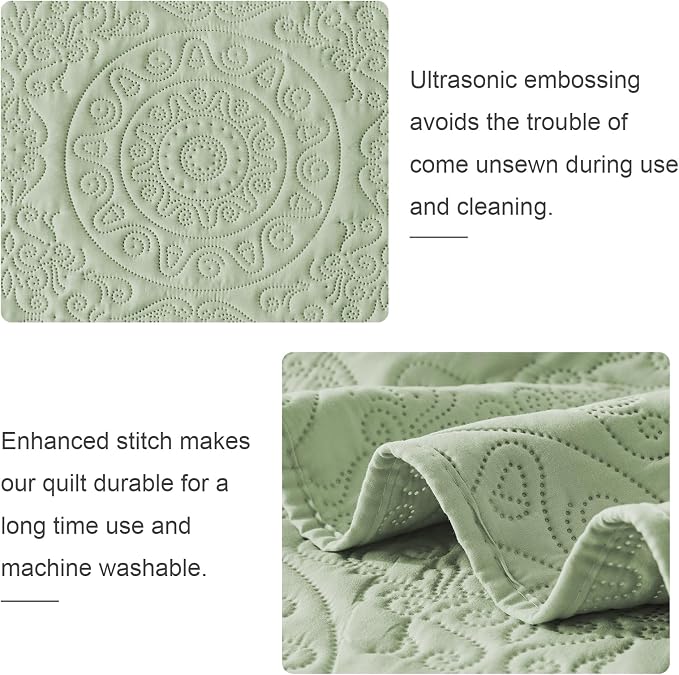 WURUIBO Sage Green Quilt Set King/Cal King Size, Embossing Microfiber Bedspreads - Image 4