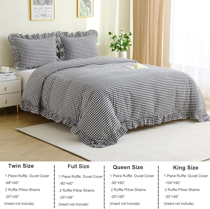 Silnuo Black/White Checkered Ruffle 3-Piece Duvet Cover Set Twin Size, Washed - Image 3