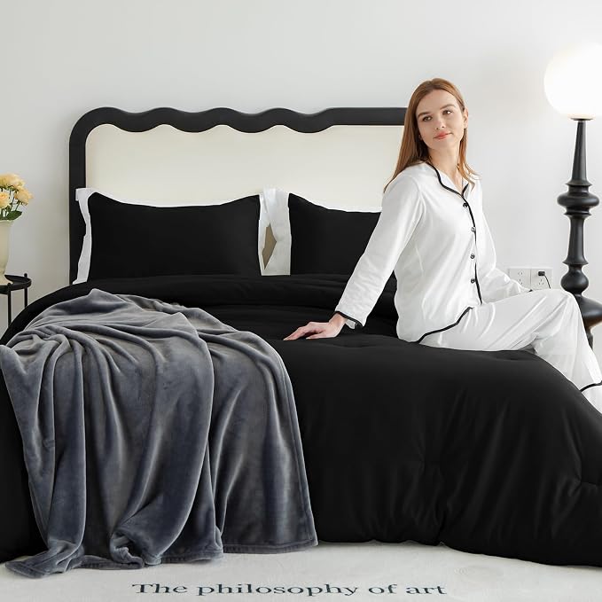 CozyLux California King Comforter Set Black, 3 Pieces Cal King Solid Breathable - Image 9