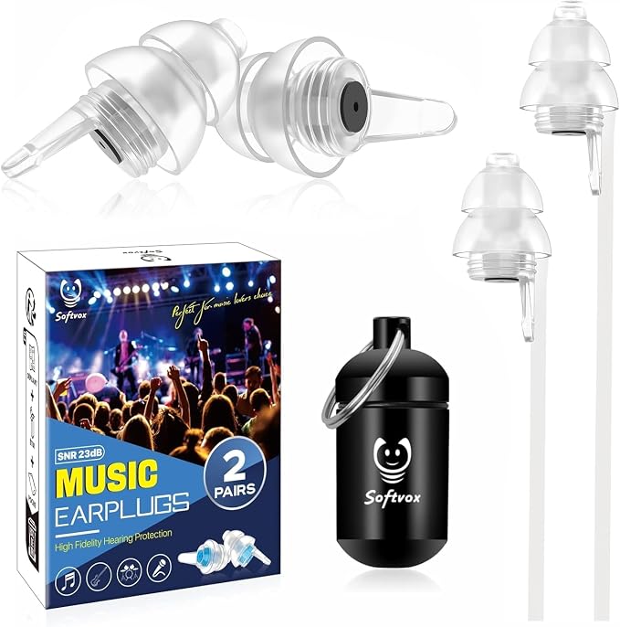 Concert Ear Plugs 2 Pairs, Noise Reduction Preserving Sound Clarity Music by Softvox
