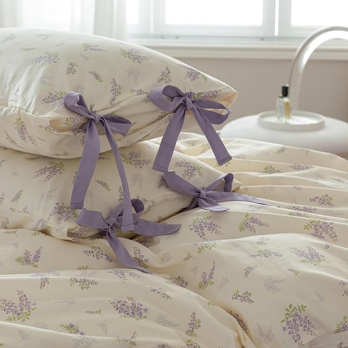 mixinni Lavender Flower Duvet Cover King Cotton Teenage Girls Flower Leaf Print - Image 5