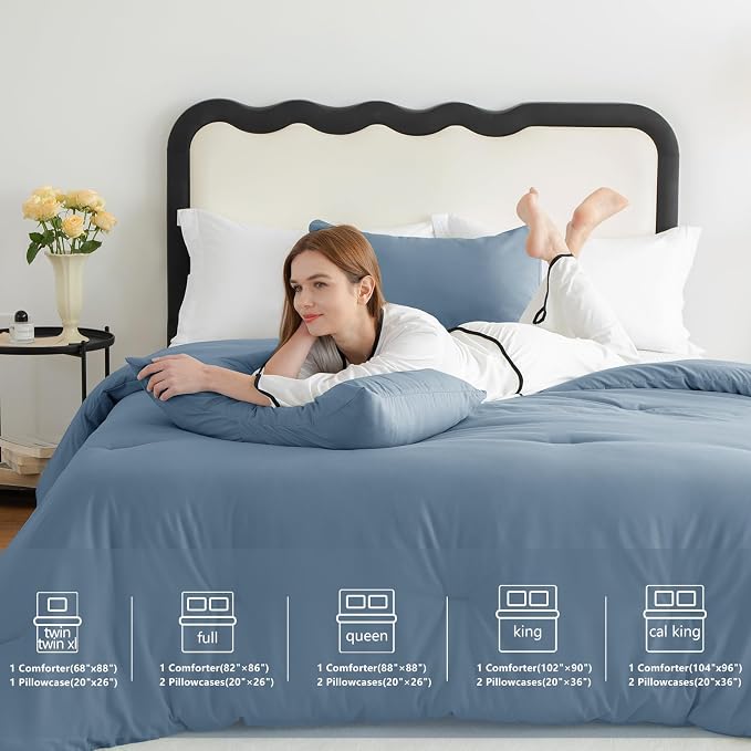 CozyLux Grayish Blue Full Size Comforter Set, 3 Pieces Dusty Blue Solid - Image 6