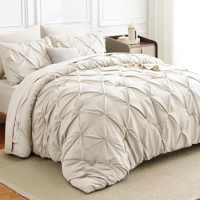 HIMEET Pintuck Bed in a Bag, 5 Pieces Twin Comforter Set Beige, Pinch Pleat Bed by Unknown