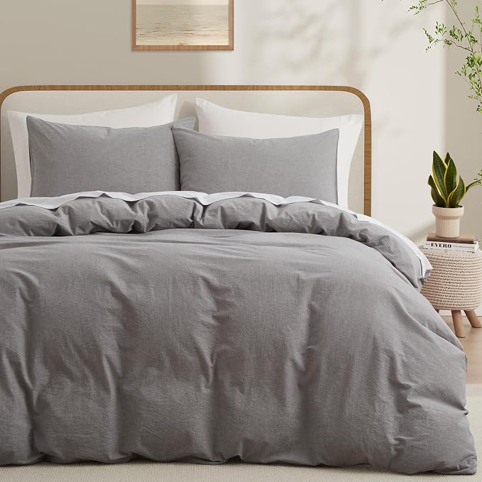 LOVQUE Light Grey Cotton Duvet Cover King Size, Linen Like Natural Bedding Set by LOVQUE