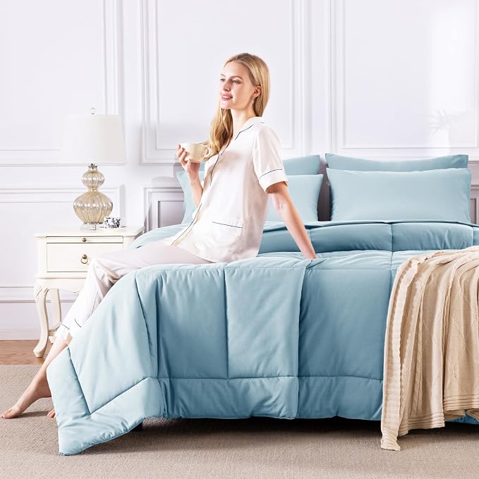 CozyLux Queen Comforter Set Light Blue, 7 Pieces Bed in a Bag, All Season - Image 7