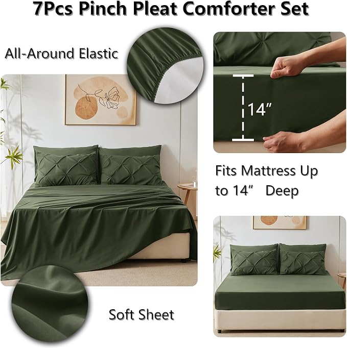 CozyLux King Size Comforter Set Olive Green, 7 Pieces Pintuck Bed in A Bag - Image 6