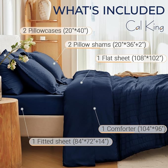 MUXHOMO 7 Pieces California King Comforter Set, Seersucker Bed in a Bag Cal - Image 4