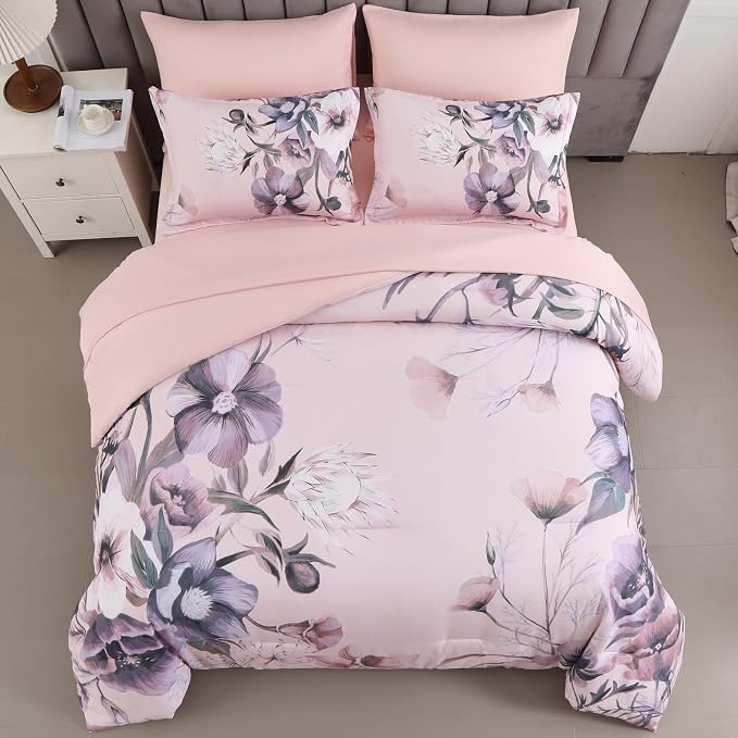 Luxudecor Floral Comforter Set Queen Size 7 Piece, Blush Pink Flower Bed in a - Image 3