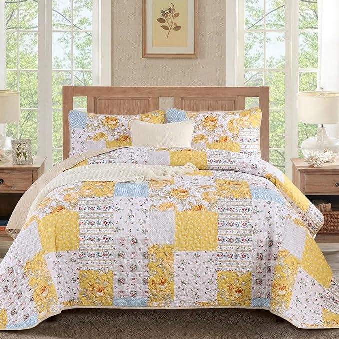 Anibedding Yellow Patchwork Quilt Set Queen Size Boho Floral Plaid Bedspread by Anibedding